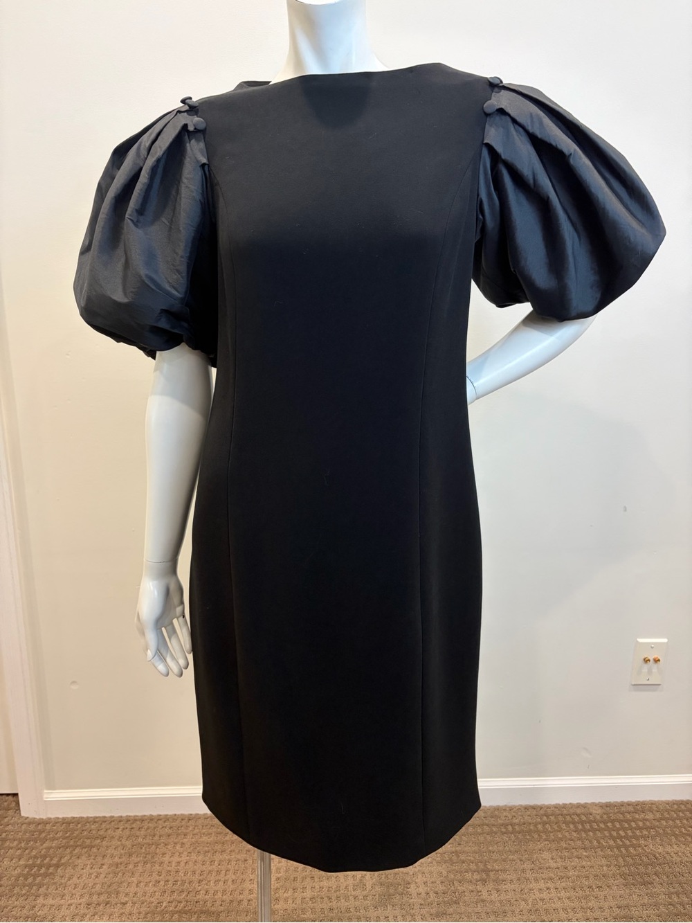TERI JON Little Black Dress Button Puff Sleeve Dress